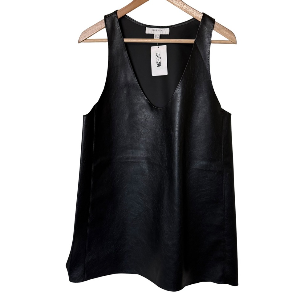 H&M Edition Faux Leather Tunic Women S Black NEW V-Neck Sleeveless A-Line Top